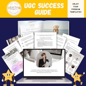 Puede incluir: Una pantalla de computadora portátil que muestra una diapositiva de presentación con el texto "Promotion is key to reaching a wider audience and increasing your chances of monetization. Here's how to effectively promote your UGC." La diapositiva está rodeada de varios documentos con títulos como "Expanding Your Reach", "Diversifying Your Income Streams" y "Exploring Paid Advertising".