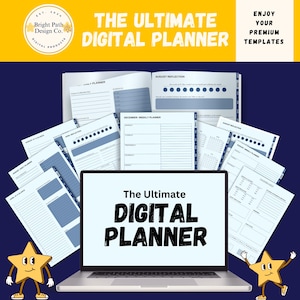 Puede incluir: Un planificador digital con un diseño azul y blanco. El planificador está abierto en una página de planificador semanal. El planificador está en la pantalla de una computadora portátil con el texto "The Ultimate Digital Planner" en la pantalla. La imagen también incluye dos estrellas de dibujos animados con caras sonrientes.