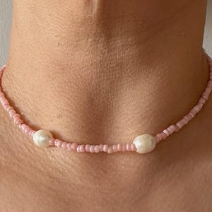 Delicate Pink Beaded Choker with Fresh Water Pearls – Minimalist Summer Necklace