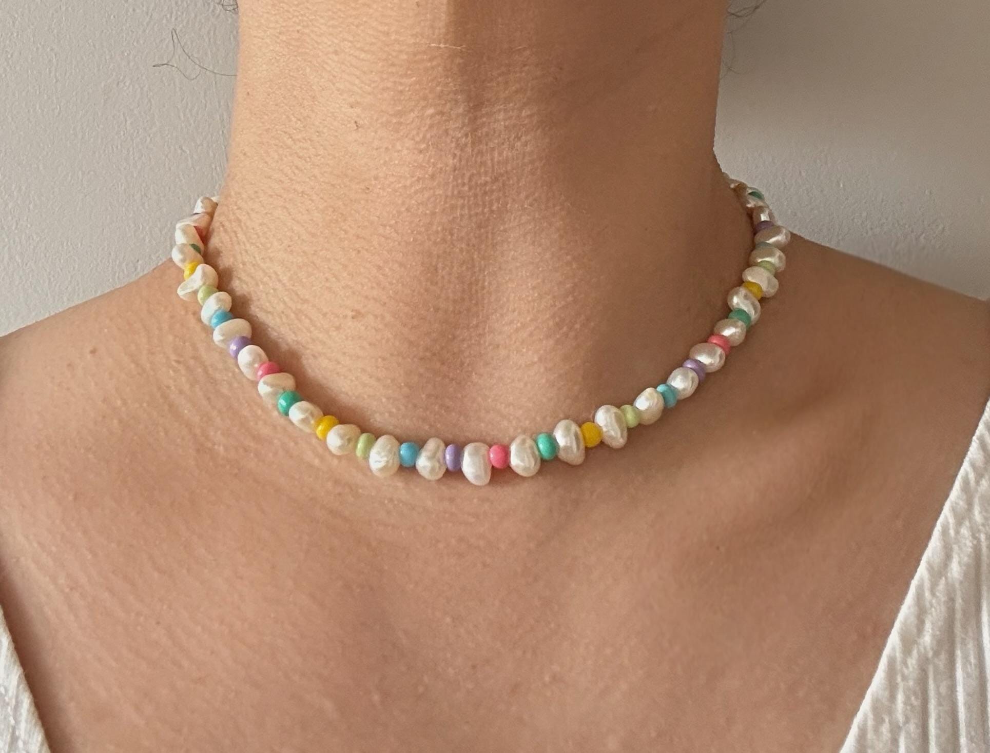 Pastel Beaded Pearl Necklace – Handmade Summer Necklace with Freshwater Pearls & Soft Color Beads