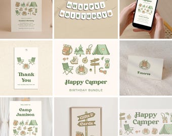 Happy Camper Birthday Party Template Bundle | Camping Theme Party | Editable Canva Invite, Signs, Banners & Tags
