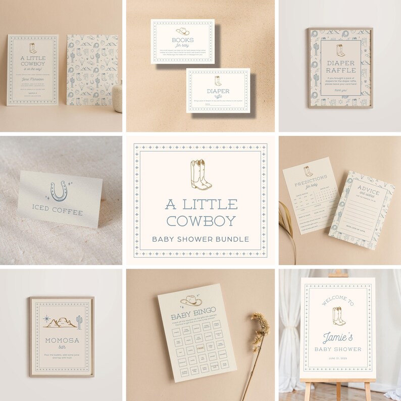 May include: A baby shower bundle with a western theme. The bundle includes a welcome sign, a diaper raffle sign, a baby bingo card, a sign for iced coffee, a sign for mimosas, a sign for books, a sign for diapers, a predictions for baby card, and an advice for parents card. The bundle is decorated with cowboy boots, horseshoes, and stars.