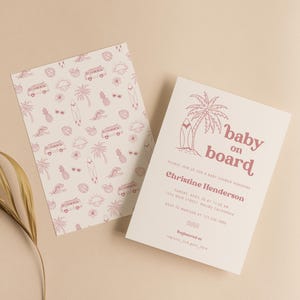 Baby an Bord Surf-Themed Babyparty-Einladung | Surfer-Mädchen-Babyparty-Einladungsschablone | Vorderseite & Rückseite | Bearbeitbar in Canva | 13x18cm