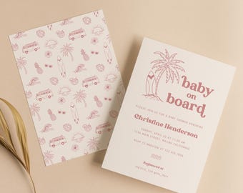 Surf-Babyparty-Einladung: Retro-Strand-Thema (bearbeitbare Canva-Vorlage)
