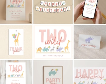 Two Wild Birthday Party Template Bundle | Second Birthday Invites Banners Food Cards | Animal Birthday Party Canva Templates
