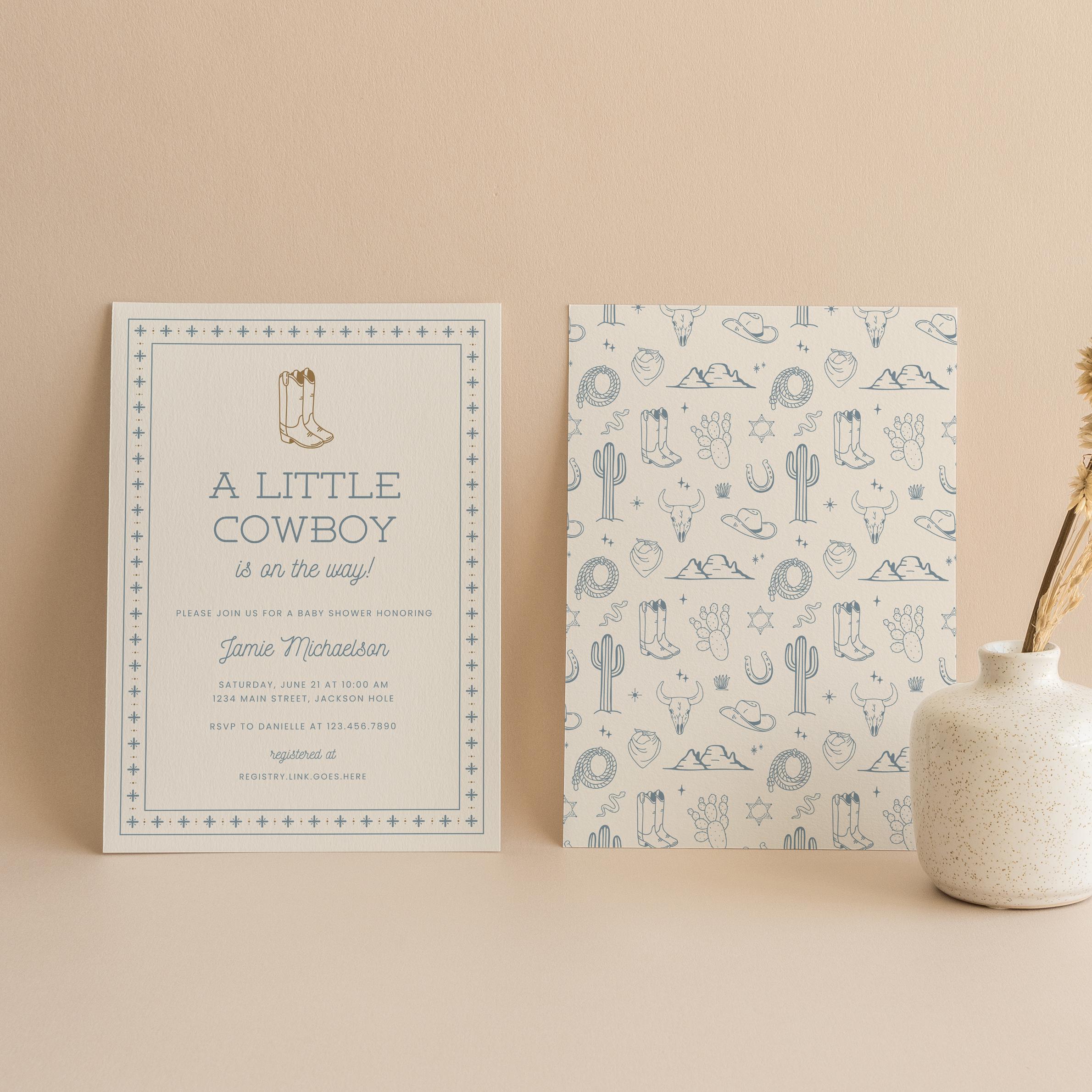 Little Cowboy Baby Shower Invite Template | Western Baby Shower Invitation | Rodeo Boy Baby Shower | 5x7 Front & Back | Editable in Canva