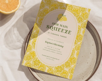 Lemon Birthday Invitation Template: Main Squeeze Party, Editable in Canva (Digital & Print Versions)