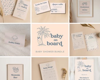 Surf Baby Shower Bundle: Editable Signs & Games (Canva Templates)