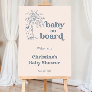 Baby on Board Baby Shower Welcome Sign | Surf Theme Baby Shower Sign Template| 3 Different Sizes | Editable Template in Canva