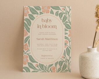 Baby in Bloom Baby Shower Invitation | Floral Baby Shower Template | Editable in Canva | 5x7 Inches
