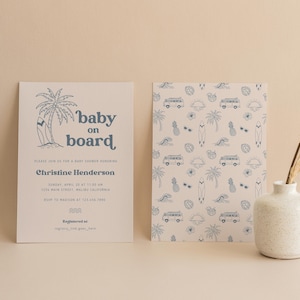Baby an Bord Surf-Themed Babyparty-Einladung | Surfer Junge-Babyparty-Einladungsschablone | Vorderseite & Rückseite | Bearbeitbar in Canva | 13x18cm