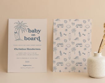 Baby on Board Surf-Themed Baby Shower Invitation | Surf Boy Baby Shower Invite Template | Front & Back | Editable in Canva | 5x7 Inches