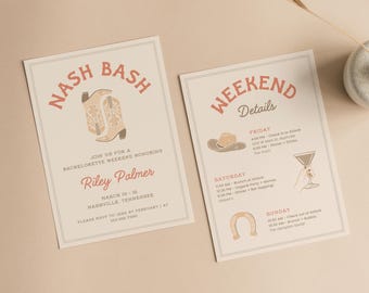 Inbjudan och resplan för Nash Bash Bachelorette: Western-tema (redigerbar i Canva)