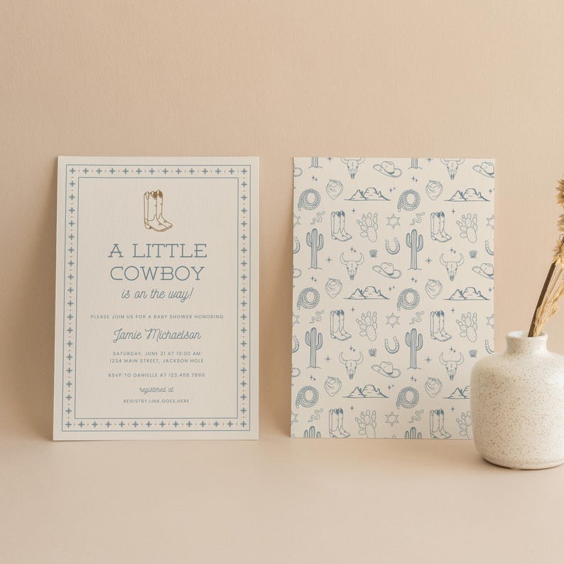 May include: A baby shower invitation with a blue and white pattern of cowboy boots, cacti, and other western motifs. The text reads "A Little Cowboy is on the way!" and includes the name Jamie Michaelson.