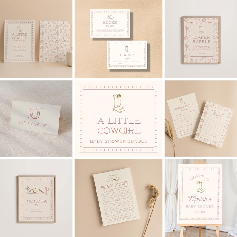 K&ouml;nnte beinhalten: Eine Sammlung von Babyparty-Papeterie mit Western-Thema. Die Artikel umfassen Einladungen, Spielkarten und Schilder, alle mit einer sanften Farbpalette mit Illustrationen von Cowboy-Stiefeln und Hufeisen. Der Text "A Little Cowgirl" und "Baby Shower Bundle" ist deutlich sichtbar.