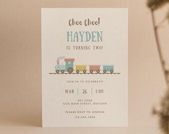 Train 2nd Birthday Invitation: Pastel Choo Choo Party (Editable Canva Template)