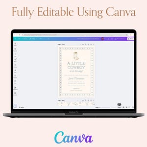 May include: A laptop computer displaying a Canva design template for a baby shower invitation. The invitation features a light blue background with a gold outline and the text "A Little Cowboy is on the way!" with a pair of gold cowboy boots.