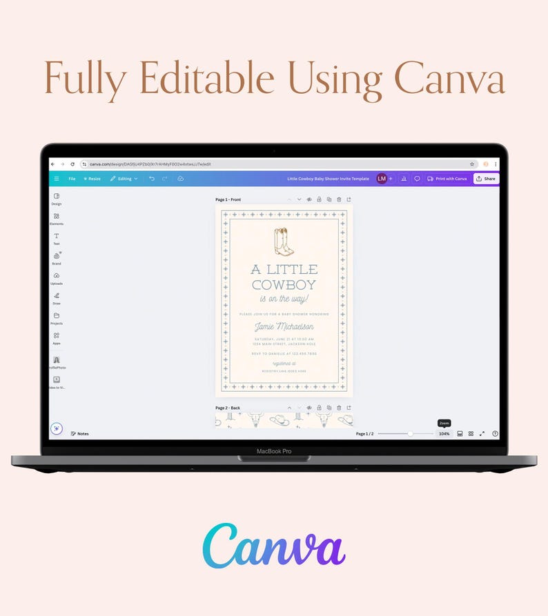 May include: A laptop computer displaying a Canva design template for a baby shower invitation. The invitation features a light blue background with a gold outline and the text "A Little Cowboy is on the way!" with a pair of gold cowboy boots.