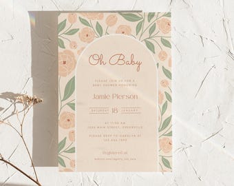 Floral Baby Shower Invitation Template: "Oh Baby" Design (5x7 Inches)