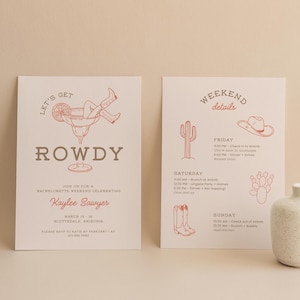 Let&#39;s Get Rowdy Bachelorette Invitation and Weekend Itinerary | Western Last Rodeo Bachelorette Invite Template | Editable in Canva