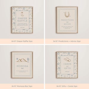 May include: Four printable 8x10 inch signs with a western theme. The signs feature a diaper raffle, predictions and advice, a mimosa bar, and cards and gifts. Each sign has a light beige background with a blue and brown pattern.
