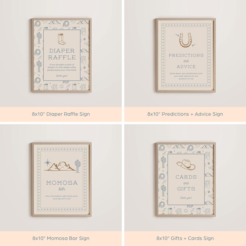 May include: Four printable 8x10 inch signs with a western theme. The signs feature a diaper raffle, predictions and advice, a mimosa bar, and cards and gifts. Each sign has a light beige background with a blue and brown pattern.