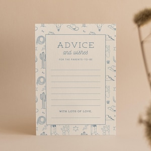 Carte Conseils aux parents sur le thème de la fête prénatale du petit cow-boy | Carte occidentale de fête de naissance | Activité de baby shower modifiable | Modèle de toile