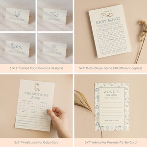 May include: A set of printable baby shower party supplies in a Western theme. The set includes food cards, a bingo game, a predictions for baby card, and an advice for parents-to-be card. The cards feature a light blue and brown color scheme with illustrations of cacti, cowboy hats, and boots.