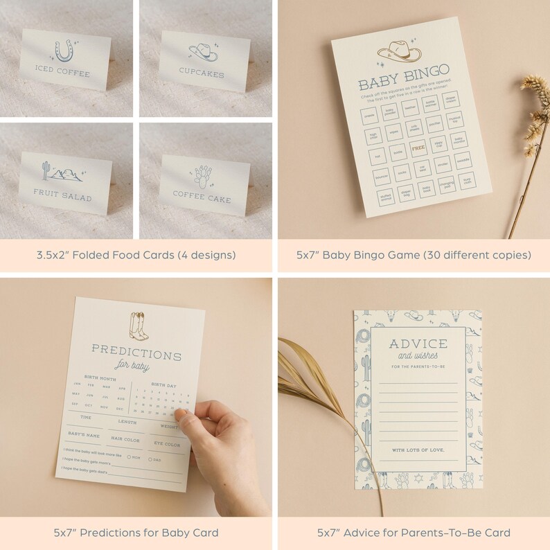 May include: A set of printable baby shower party supplies in a Western theme. The set includes food cards, a bingo game, a predictions for baby card, and an advice for parents-to-be card. The cards feature a light blue and brown color scheme with illustrations of cacti, cowboy hats, and boots.