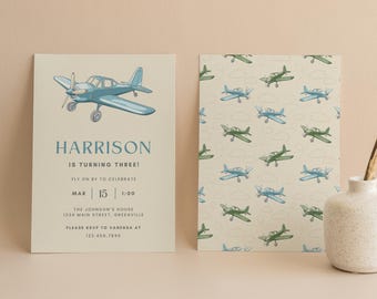 Plantilla de invitación de cumpleaños de avión vintage: invitación editable de Canva para fiesta