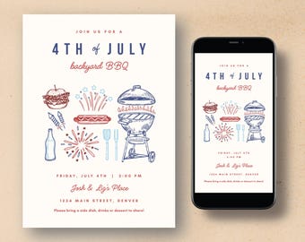 May include: A 4th of July backyard BBQ invitation with a red, white, and blue color scheme. The invitation features a grill, hot dog, hamburger, and fireworks. The text on the invitation reads "Join us for a 4th of July backyard BBQ".