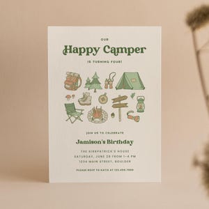 Joyeux anniversaire de campeur | Modèle de fête à thème camping modifiable | Un campeur heureux | Toile d'invitation modifiable (impression + numérique)