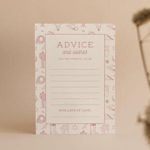 Advies voor ouders Kaart Little Cowgirl-babyshowerthema | Westerse babyshowerkaart | Bewerkbare babyshoweractiviteit | Canvassjabloon