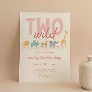 Two Wild Birthday Party Invite Template | 2 Wild Animal Invitation | Editable Girl Jungle Safari Party Template | Print and Digital Versions