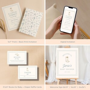 May include: A set of printable and digital baby shower invitations with a cowboy theme. The invitations feature a pair of cowboy boots, a hat, and the text "A Little Cowboy is on the way". The set also includes a welcome sign, books for baby cards, and diaper raffle cards.