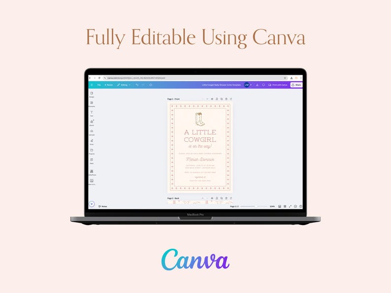K&ouml;nnte beinhalten: Ein Laptop zeigt ein Design f&uuml;r eine Babyparty-Einladung mit dem Text "A Little Cowgirl is on the way!" im Western-Thema. Der Bildschirm zeigt auch "Fully Editable Using Canva" und das Canva-Logo.