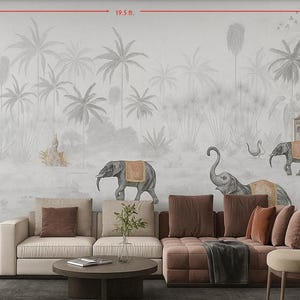 Indian Style Tropical Jungle Elephant Mural Wallpaper – Grey Palm Tree Safari Wall Art for Living Room, Bedroom, or Office