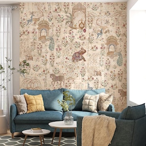 Indian Animal & Floral Wallpaper – Beige Traditional Wall Mural with Elephants or Peacocks – Living Room or  Boho Home Decor