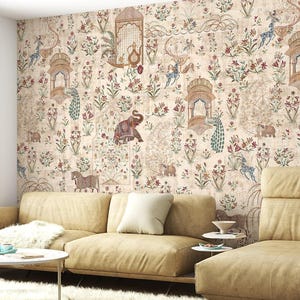 Vintage Indian Wallpaper Beige Floral Design with Elephants and Peacocks Traditional Wall Decor 8x10 Feet Cotton Gloz Canvas