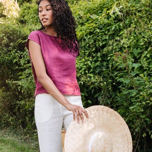 Linen - Boxy Top, Short Length, Wide Neck, Cap Sleeve - Linen Top