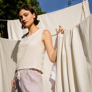 Linen - Tank Top, Short Length, Scoop Neck - Linen Tank