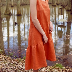 Linen - Ruffle Dress, Sleeveless, Midi Length, Scoop Neck, Pockets - Linen Dress