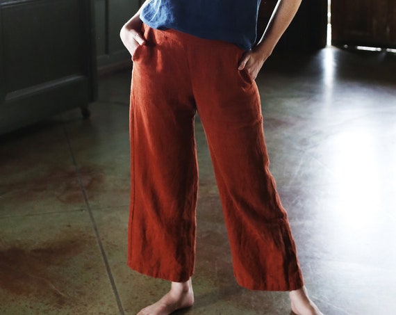 Linen - Pant, Flat-Front Waist with Elastic Back, Cropped, Wide Leg, Relaxed Fit, Linen Pant