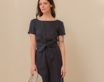 Linen - Jumpsuit, Short Sleeve, Wrap Back, Cropped Leg, Linen Jumpsuit