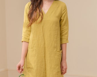 Linen - V Neck Shift Dress, 3/4 Sleeve, Standard Length, Pockets - Linen Dress
