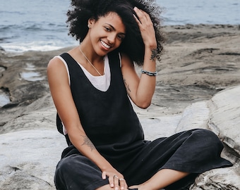 Linen - Jumper/Overalls, Wide Leg, Side Pockets - Linen Jumper