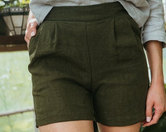 Kleinserie und VERSANDFERTIG - Leinen Shorts mit flacher Vorderseite, Faltenshorts, Taschen, Leinenshorts
