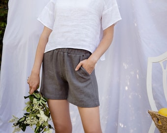 Small Batch & READY TO SHIP - Linen Shorts, Relaxed Fit, Elastic Waist, Linen Shorts