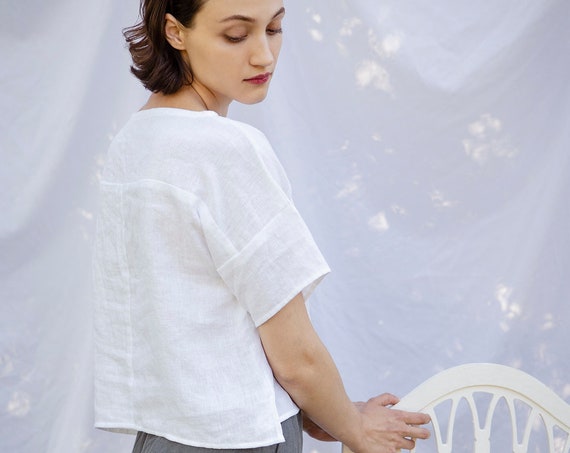 Small Batch & READY TO SHIP - White Cropped Linen Top - Boatneck, Dropped Shoulder, Short Sleeve Linen Top