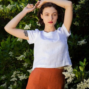 Linen - Puff Sleeve Top, Short Length, Scoop Neck Relaxed Fit - Linen Top